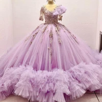 light purple ball gown quinceanera dresses tiered ruffles shoulder corset beading tulle women sweet 16 formal party robe de