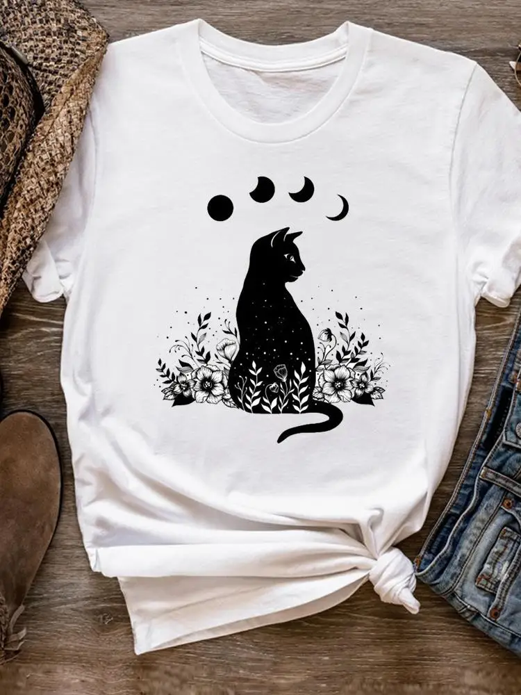 

Cat Flower Style Trend 90s Tee Basic Women Clothes Clothing Print T Shirt Short Sleeve Summer Top Fashion Graphic T-shirt