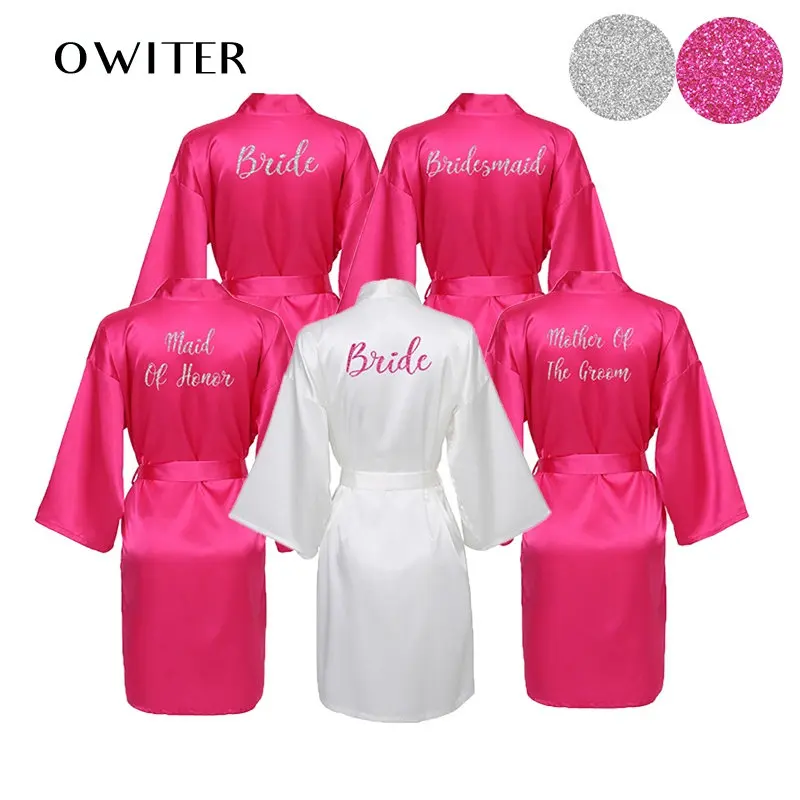 Owiter 2019 Silk Satin Bridesmaid Sexy Robes Bridal Bath Robe Hot Pink Robes Wedding Silver Matte Printing White Bathrobe Short