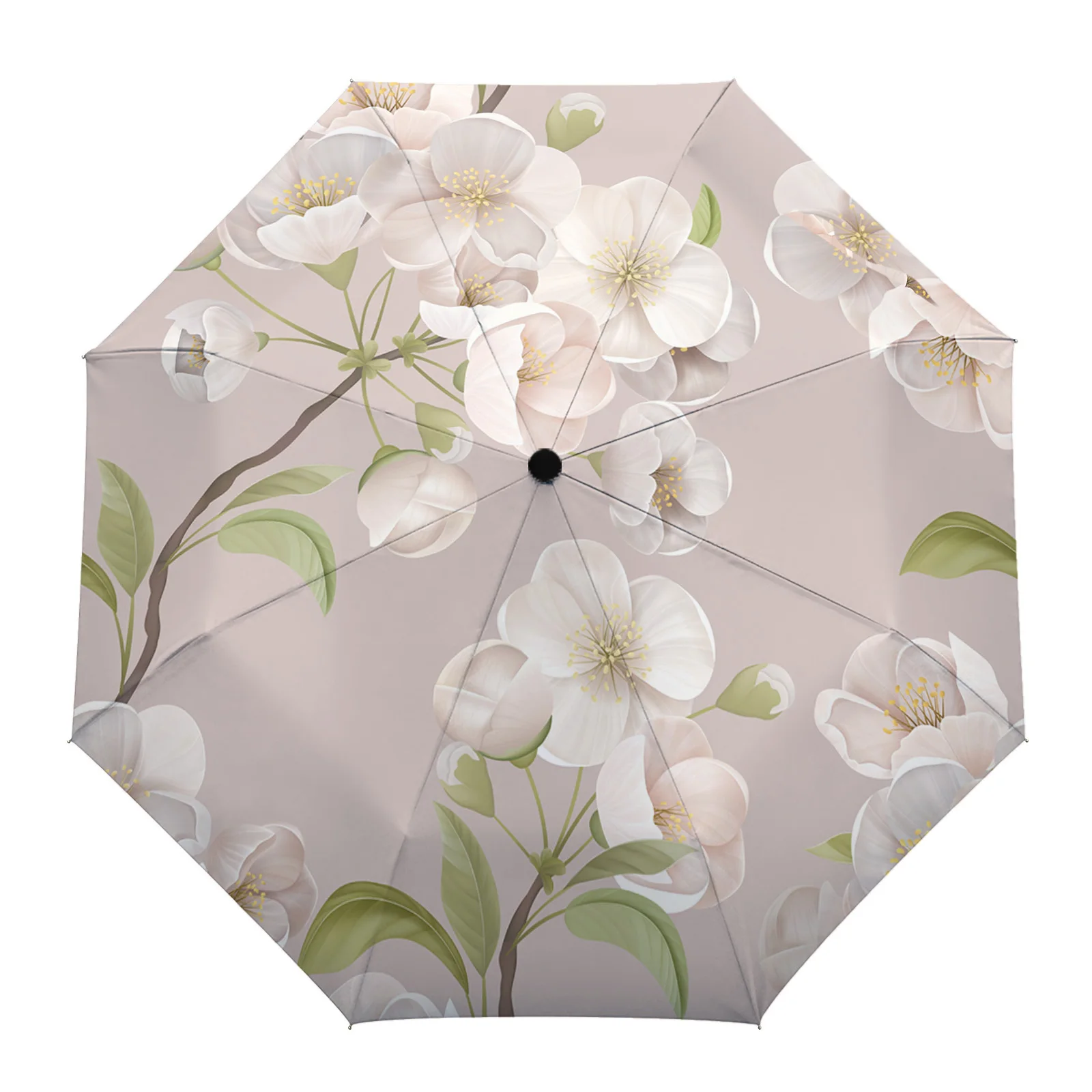

Spring Brown Peach Blossom Large Fully-automatic Parasol Umbrella Foldable Eight Strand Umbrella for Adults Rain Umbrella