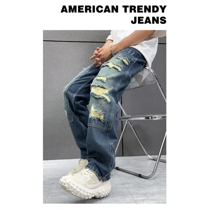 Мужские прямые джинсовые брюки с дырками в стиле ретро