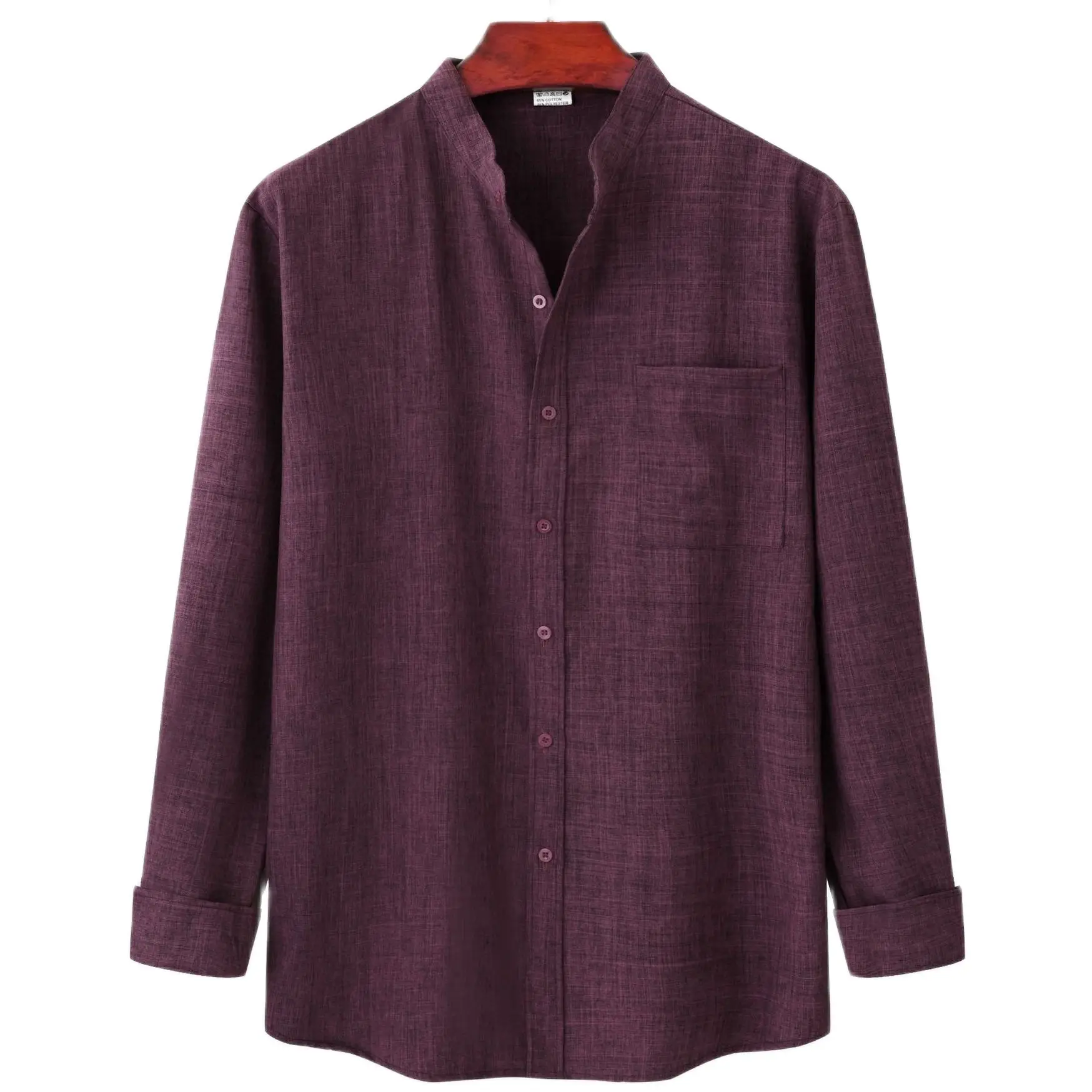 

Wine Red Cotton Linen Mens Shirt Summer Casual Long Sleeve Hawaiian Beach Shirts Fashion High Quality Loose Band Collar Tops 2XL