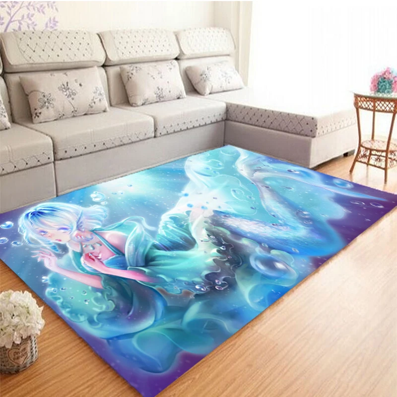 Cartoon, anime, mermaid print, large carpet, family living room, bedroom, sofa,game room,door mat decoration,anti slip floor mat