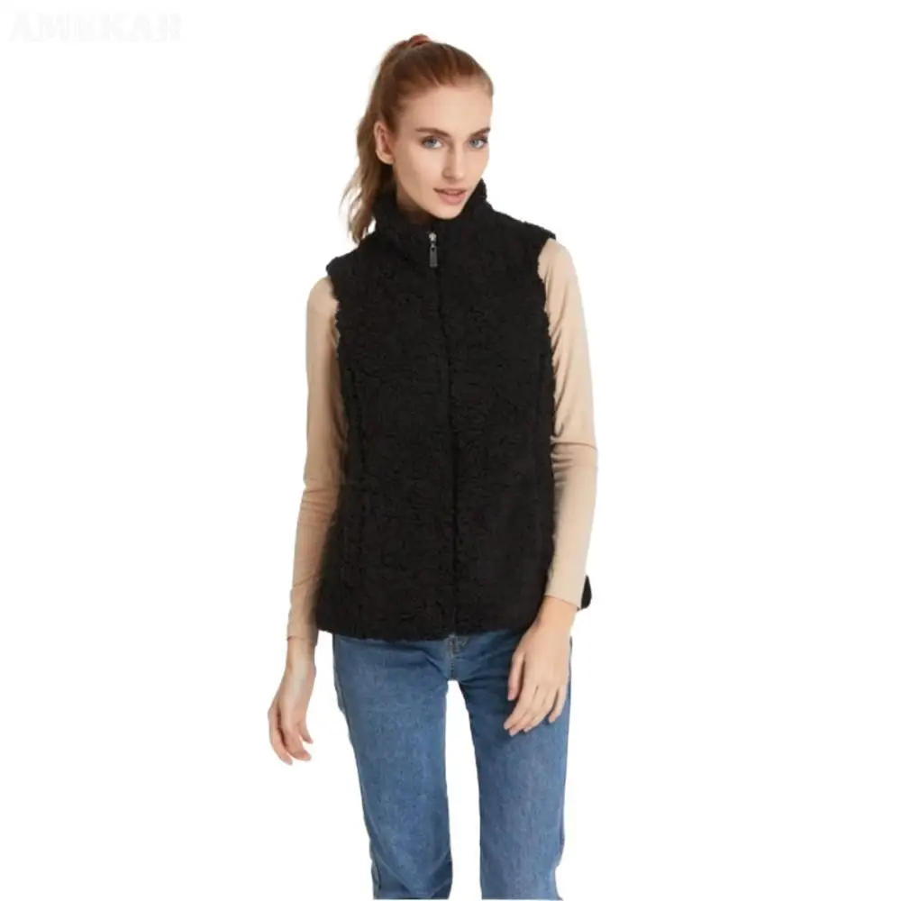 Fleece Fur Sleeveless  Women Jacket  Winter Fur Gilet women's Real Fur Pure Color Vest Zipper Coats Fur For Women Coat