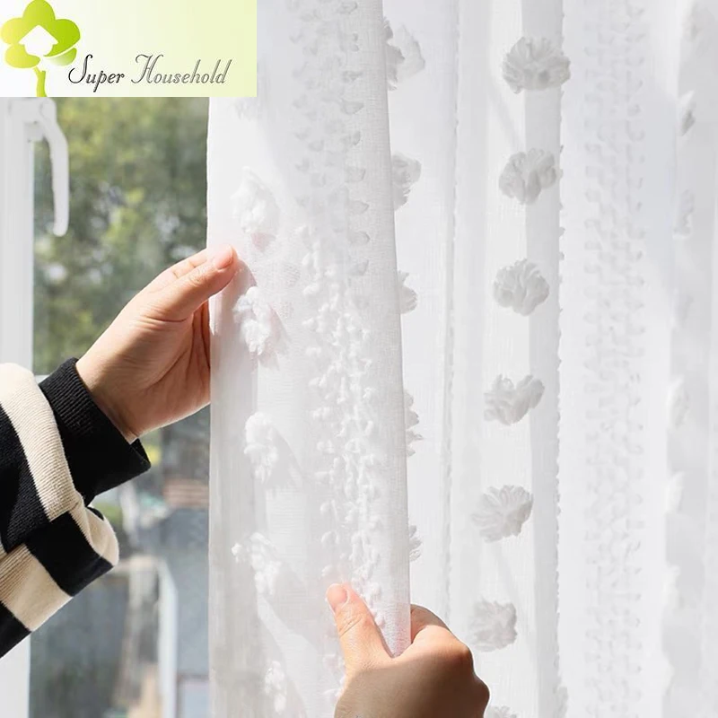 

Romantic white 3D snow pom-pom all-match tulle curtains for living room bedroom sheer window screen balcony decorate