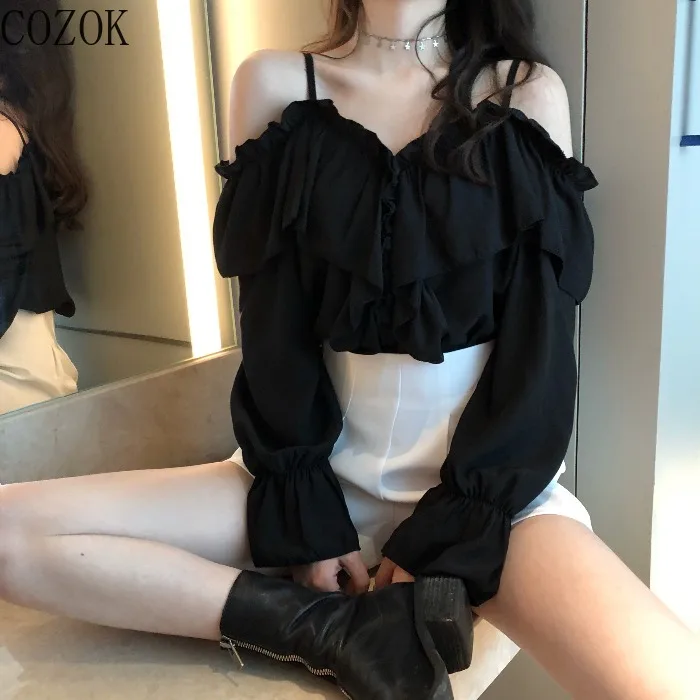 Summer New Sexy off-the-Shoulder V-neck Ruffled Bell Sleeve Top Solid Color High Waist Casual Shorts Two-Piece Set for Women