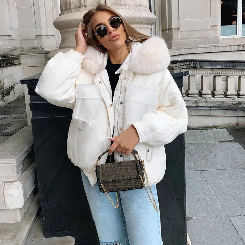 New 2023 Winter Women's Hooded Fur Collar Jacket Drawstring Casual Fashion Stand-up Collar Long-sleeved Warm Cotton Jacket Women