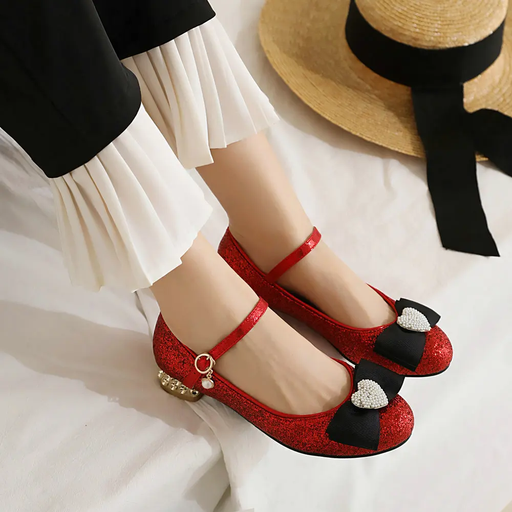 Sweet and Lovely College Style Lolita Shoes Luxe Glitter Fabric Comfy French Low-Heel, Pearl Bow with Heart Butterfly Design