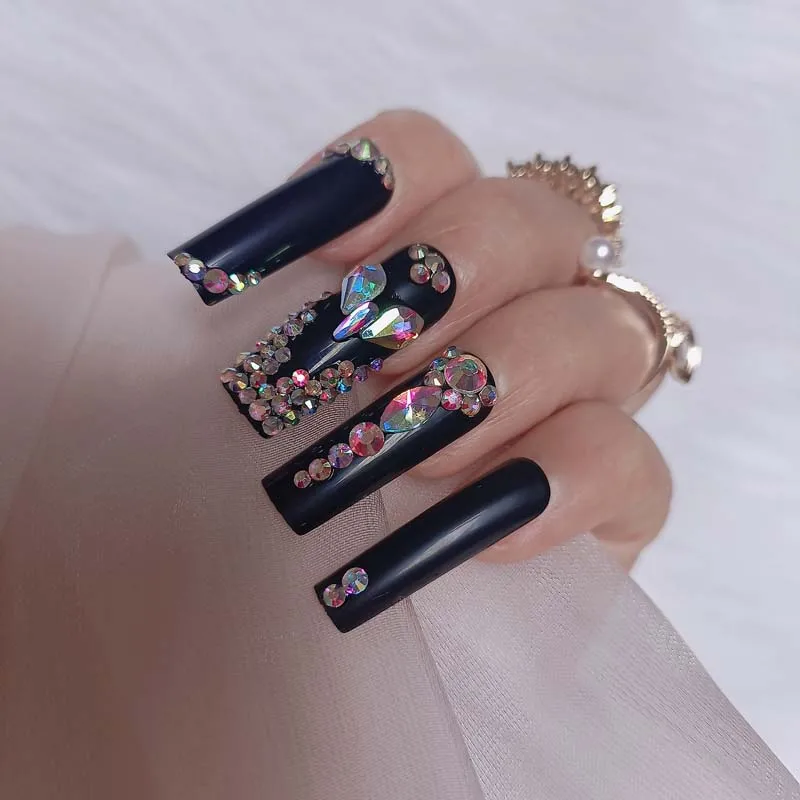 

24pcs luxury jewelry wide head Crystal full of diamonds long ballet coffin fake nails black