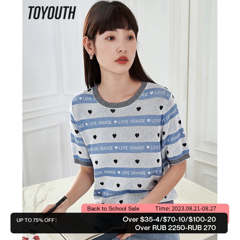 

Toyouth Women T-shirt 2023 Summer Short Sleeve O Neck Slim Stretch Ice-cold Silk Knitwear Heart-shaped Stripe Casual Chic Tops