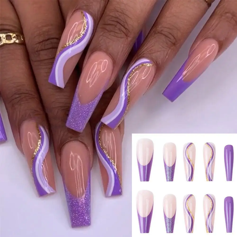 

Gold Foil Jelly Glue Long Ballerina Purple False Nails Pink Coffin Design Wearable Pattern Wave Artificial Fake Nails Stick