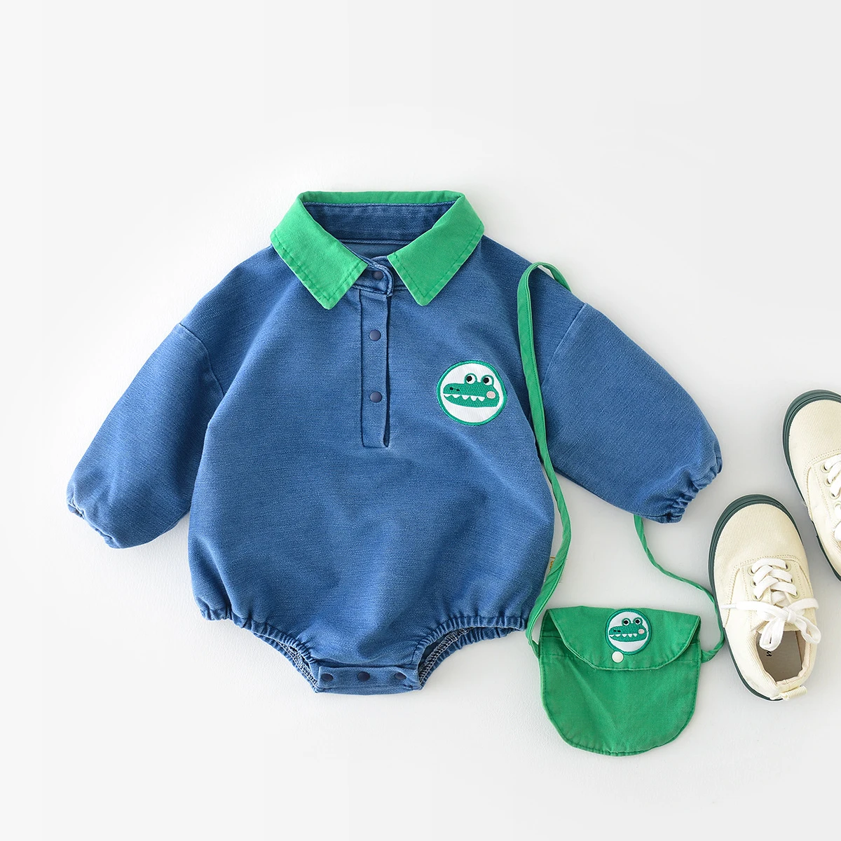 

Infant Bodysuit Boys Denim Jumpsuit 2023 Spring Baby Boy Clothes Turn Down Long Sleeve Embroidery Toddler One Pieces With Bags