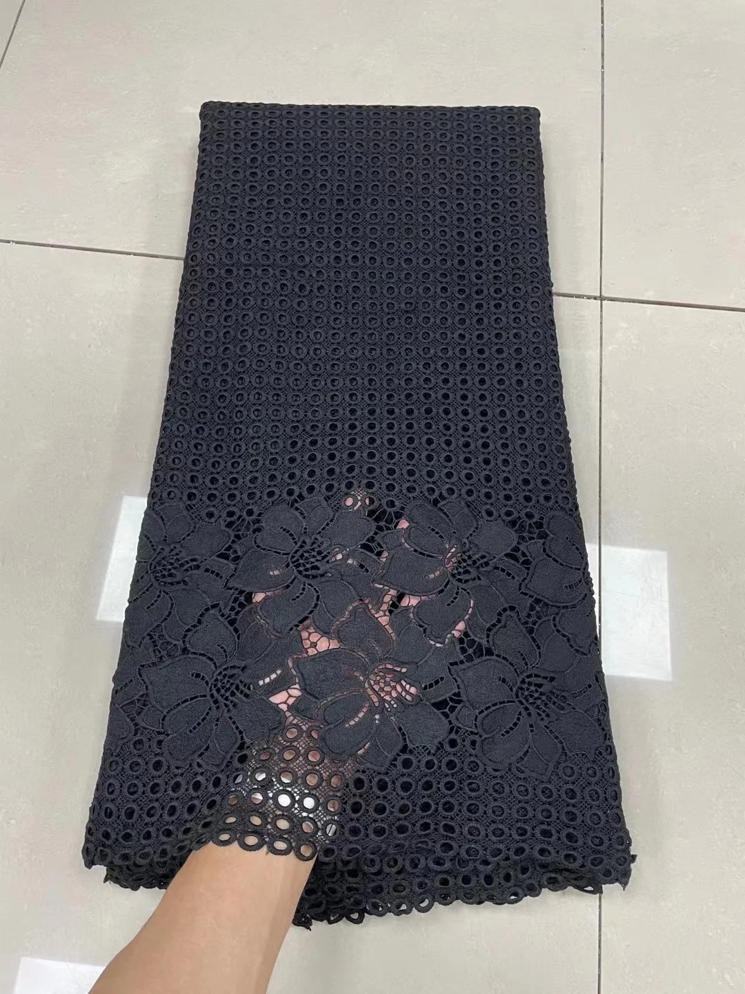 

Black African Cord Lace Fabric Embroidery Guipure Cord Lace High Quality French Water Soluble Laces Dubai Lace For Everyday Wear