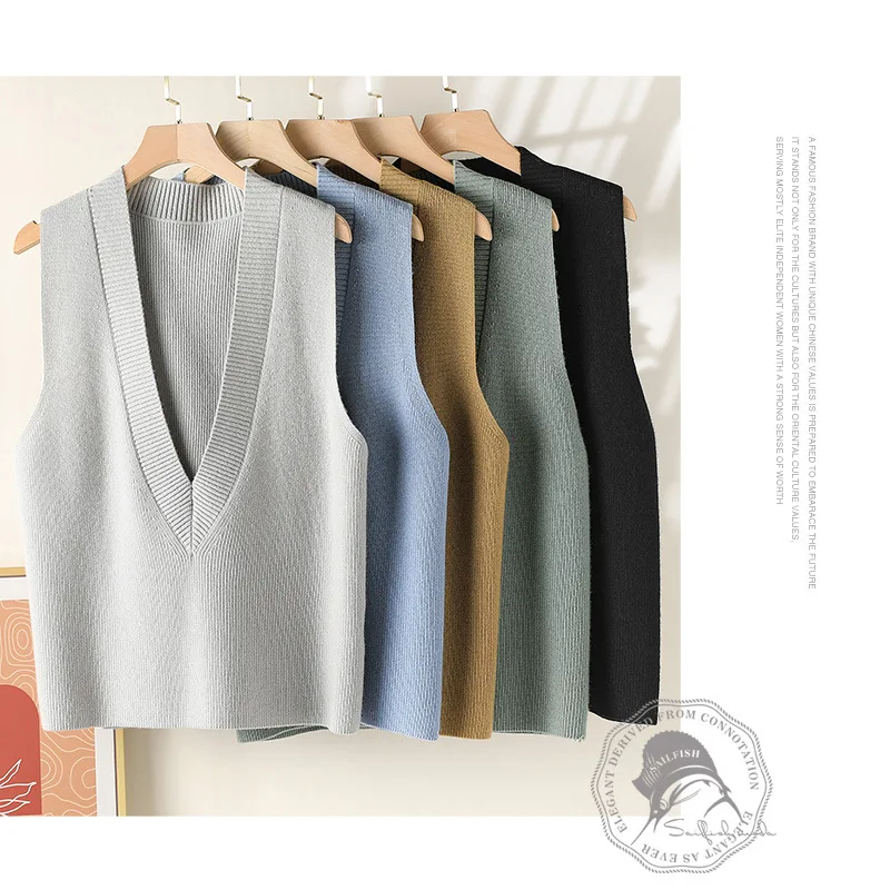 

Woman 100% Merino Wool Casual Fashion Deep V-neck Overlapping Knitted Vest for Spring Autumn and Winter