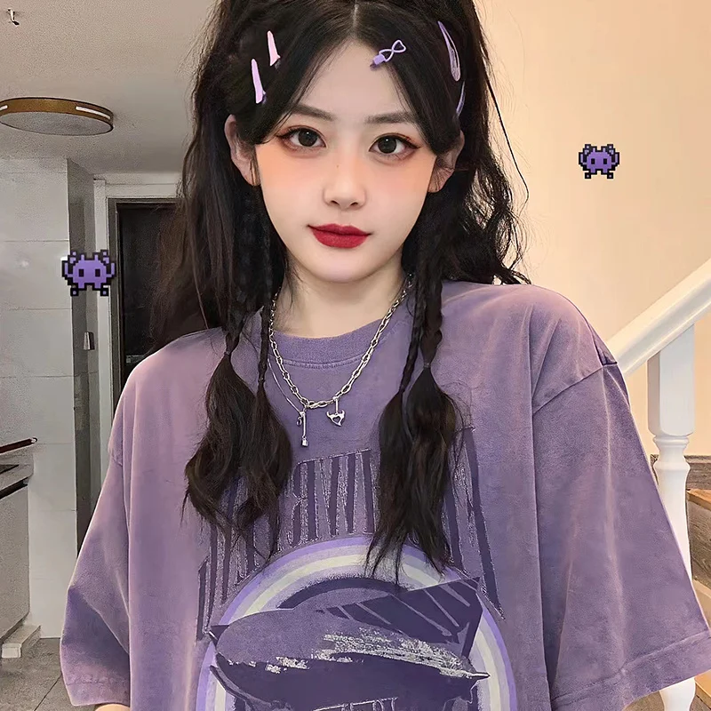 

Женские футболки с коротким рукавом DAYIFUN, фиолетовые свободные футболки с круглым вырезом и принтом