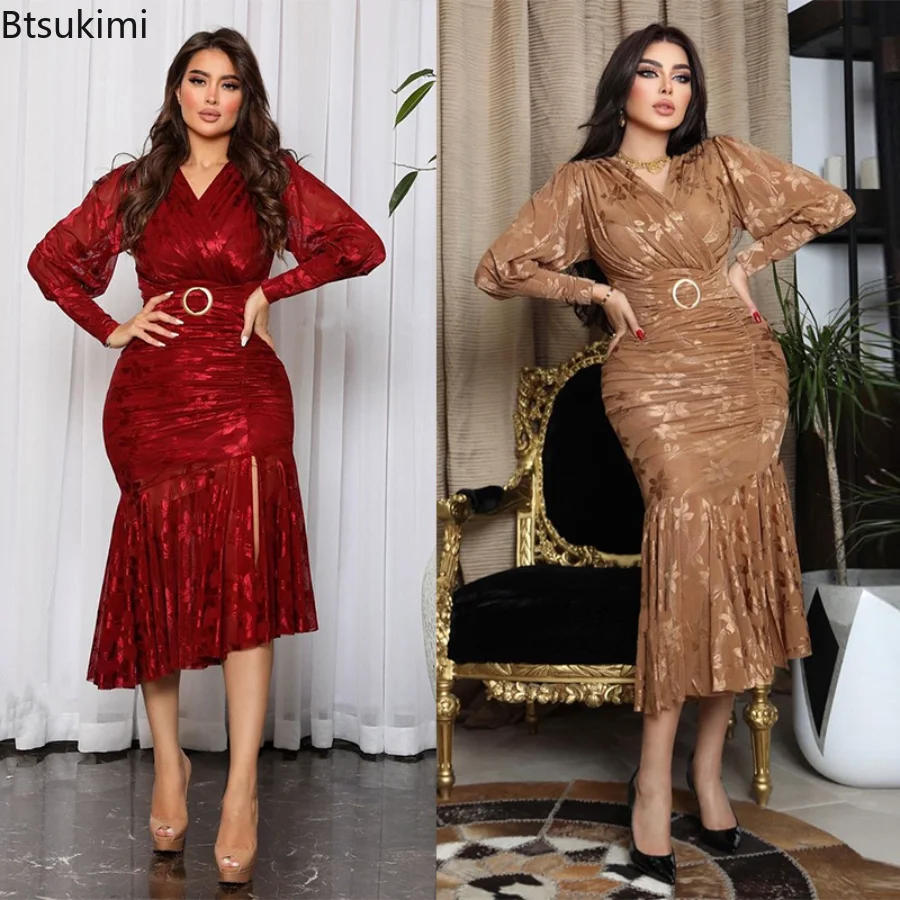 

2023 Muslim Fashion Women Long Dress High Waist Full Sleeve Drawstring Robes Slim Print Islam Jalabiya Muslim Party Dress Abayas
