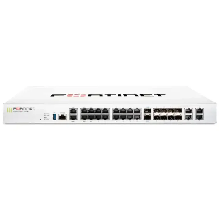 Фото Прибор Firewall FortiGate-100F, 22 порта Gigabit Ethernet RJ45, 4 порта SFP и 2 порта 10G SFP+, двойные источники питания FG-100F №1