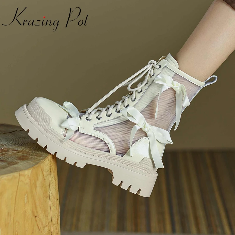 

Krazing Pot Cow Leather Round Toe Med Heel Thick Bottom Summer Boots Butterfly-knot Korean Style Fashion Classic Ankle Boots L03