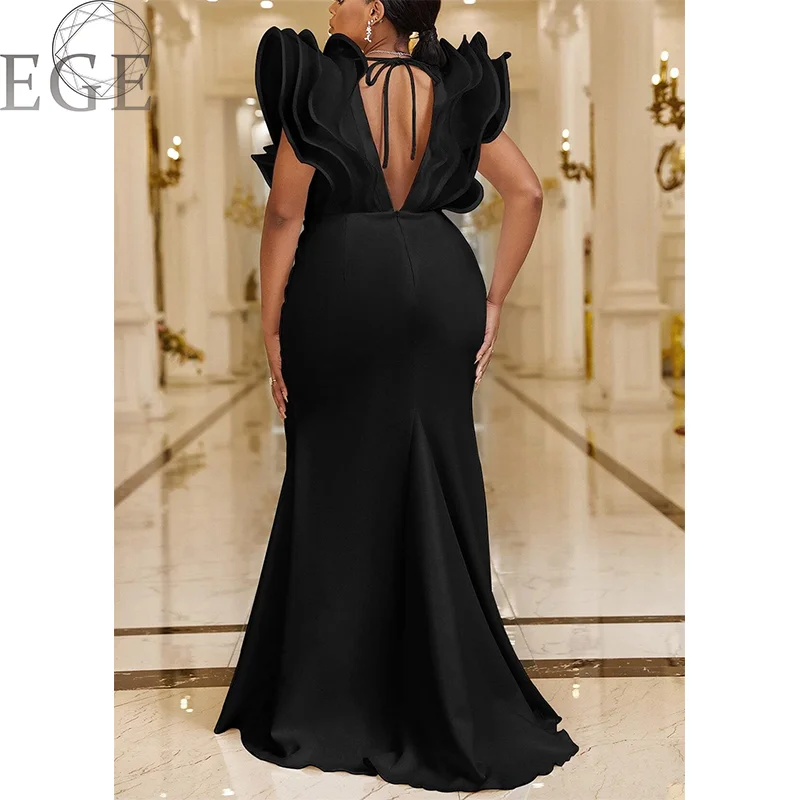 Plus Size Ruffle V Neck Luxury Evening Gown Backless Maxi Black Sexy 4xl 5xl Elegant Trim Mermaid Luxury Dress