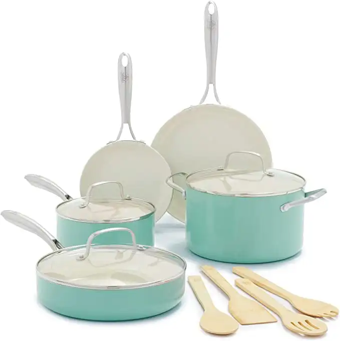 

Healthy Cooking Non-Stick Ceramic Dishwasher and Oven Safe 12-Piece Pots and Pans Cookware Set, Turquoise