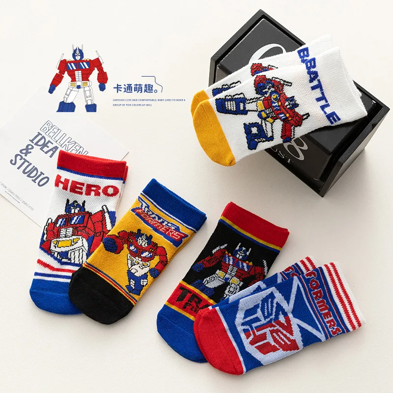 5 pairs of 2023 new baby cartoon transformers children's socks striped straight plate socks combed cotton socks