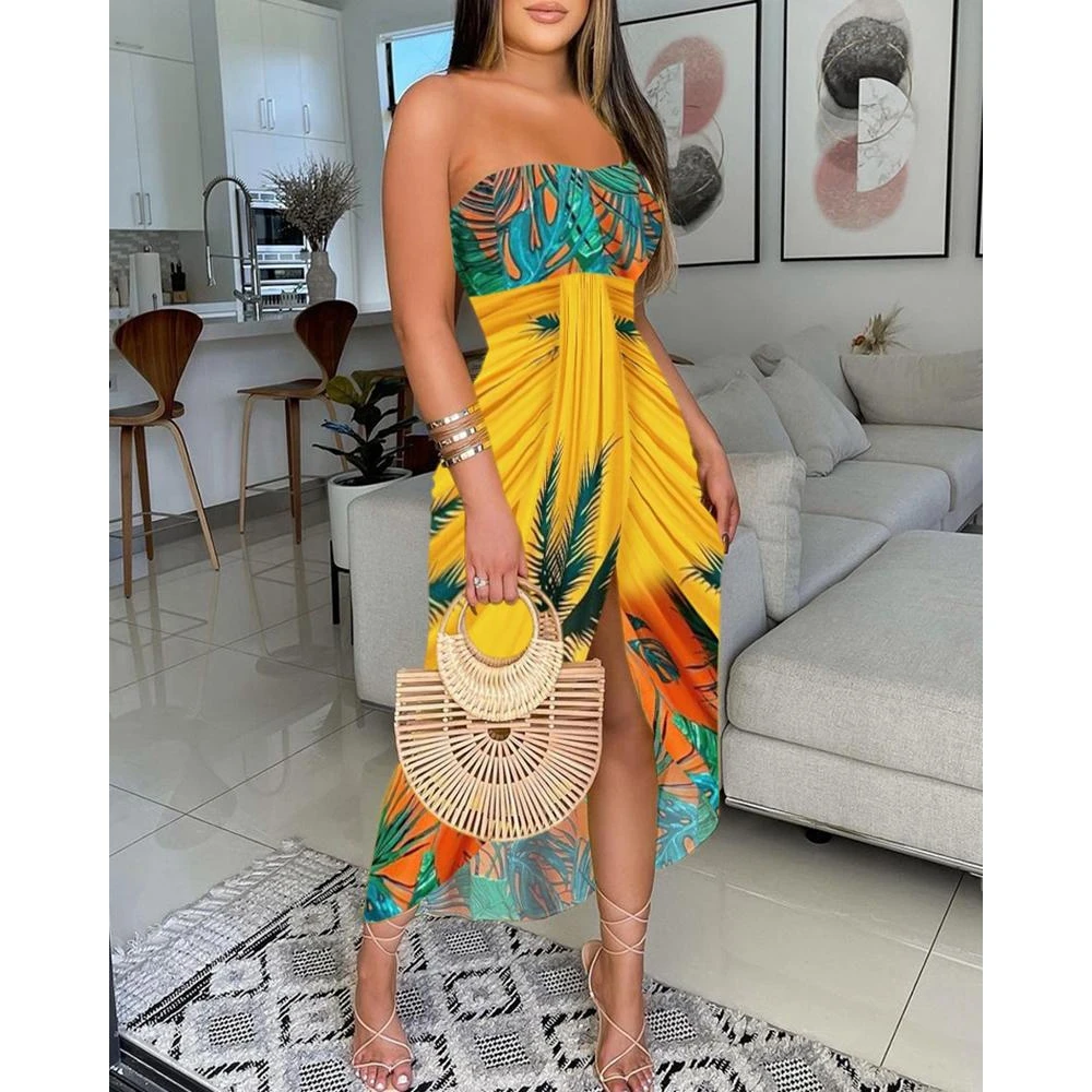 

Women Ruched Hawaiian Palms Print Bandeau Dress Fashion Femme Asymmetrical Sleeveless Casual Beach Vacation Wear Sexy Chic