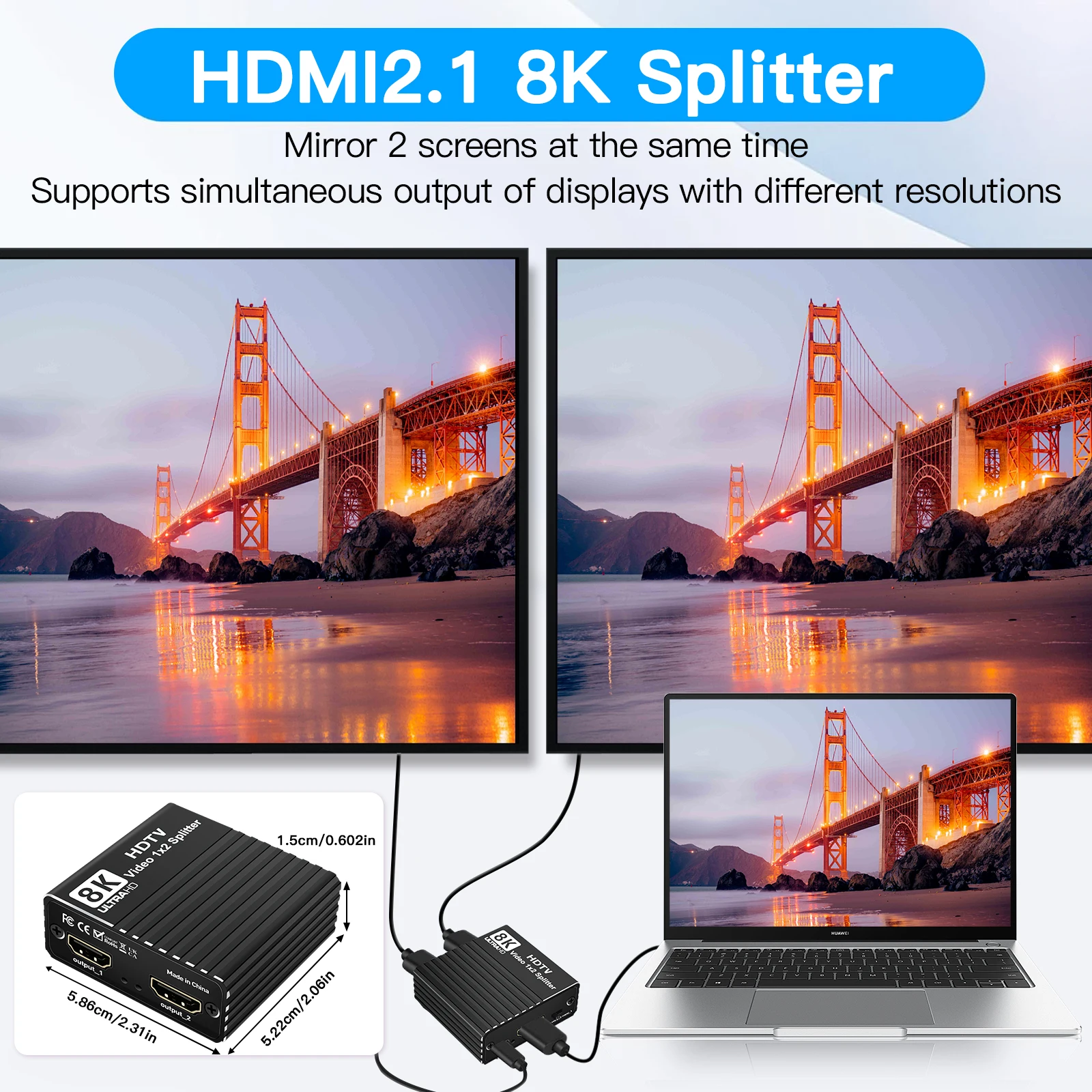 HDMI-сплиттер 1x2 (1 вход, 2 выхода) для двух дисплеев, 8K60Гц, 4K120Гц, 1080P240Гц, видеоразветвитель для PS5, ПК, ноутбука, подключения к телевизору (art.: 3920da2f847b2) - 3920da2f847b2