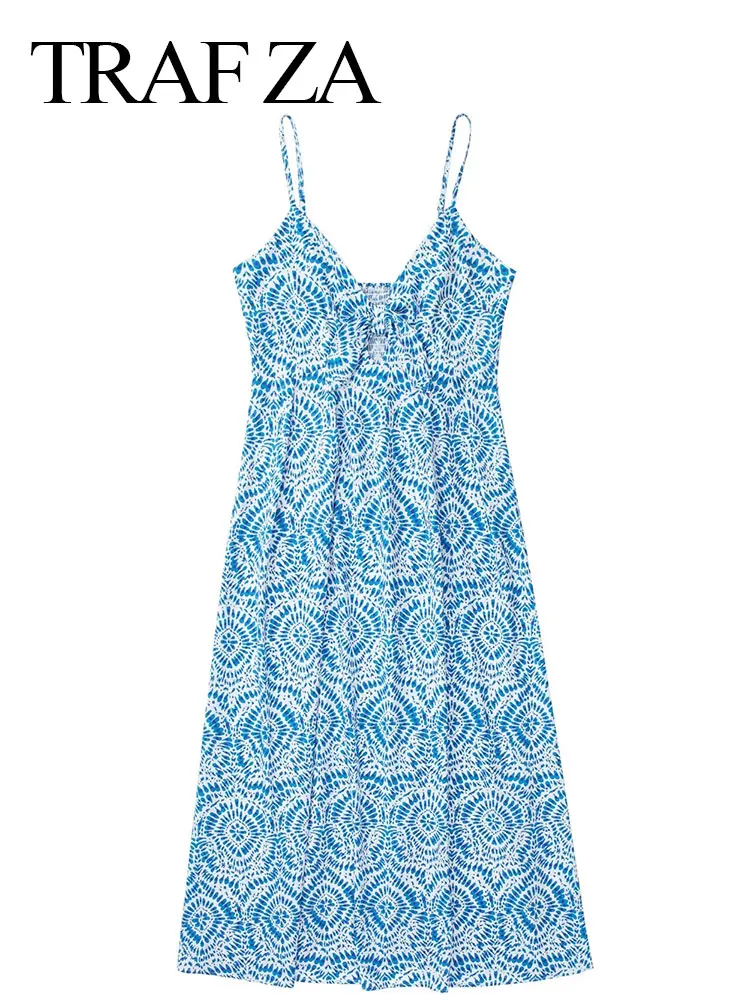 

TRAF ZA Elegant Print Dress Thin Straps Tube Top Hollow Bow Sleeveless Backless Fashion Slim Sling Long Dress Party Summer Women