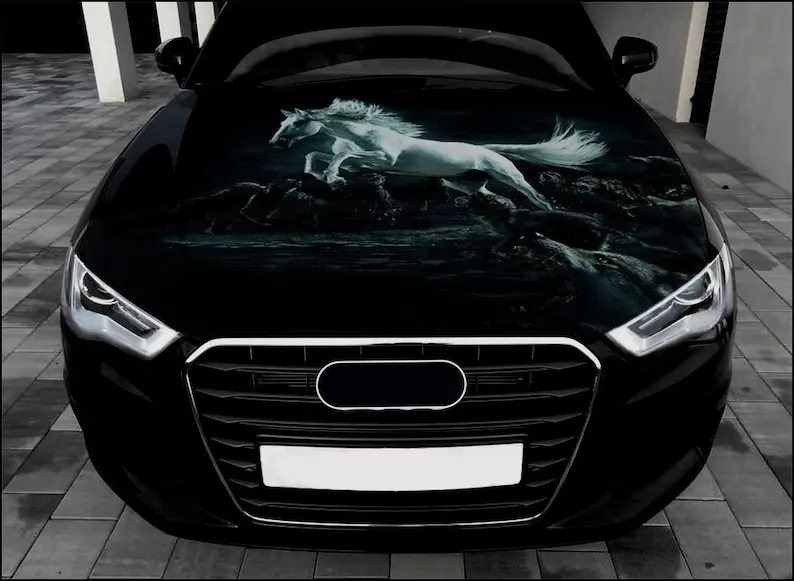 

White Horse Car Hood Wrap Full Color Vinyl Decal Mustang Sticker