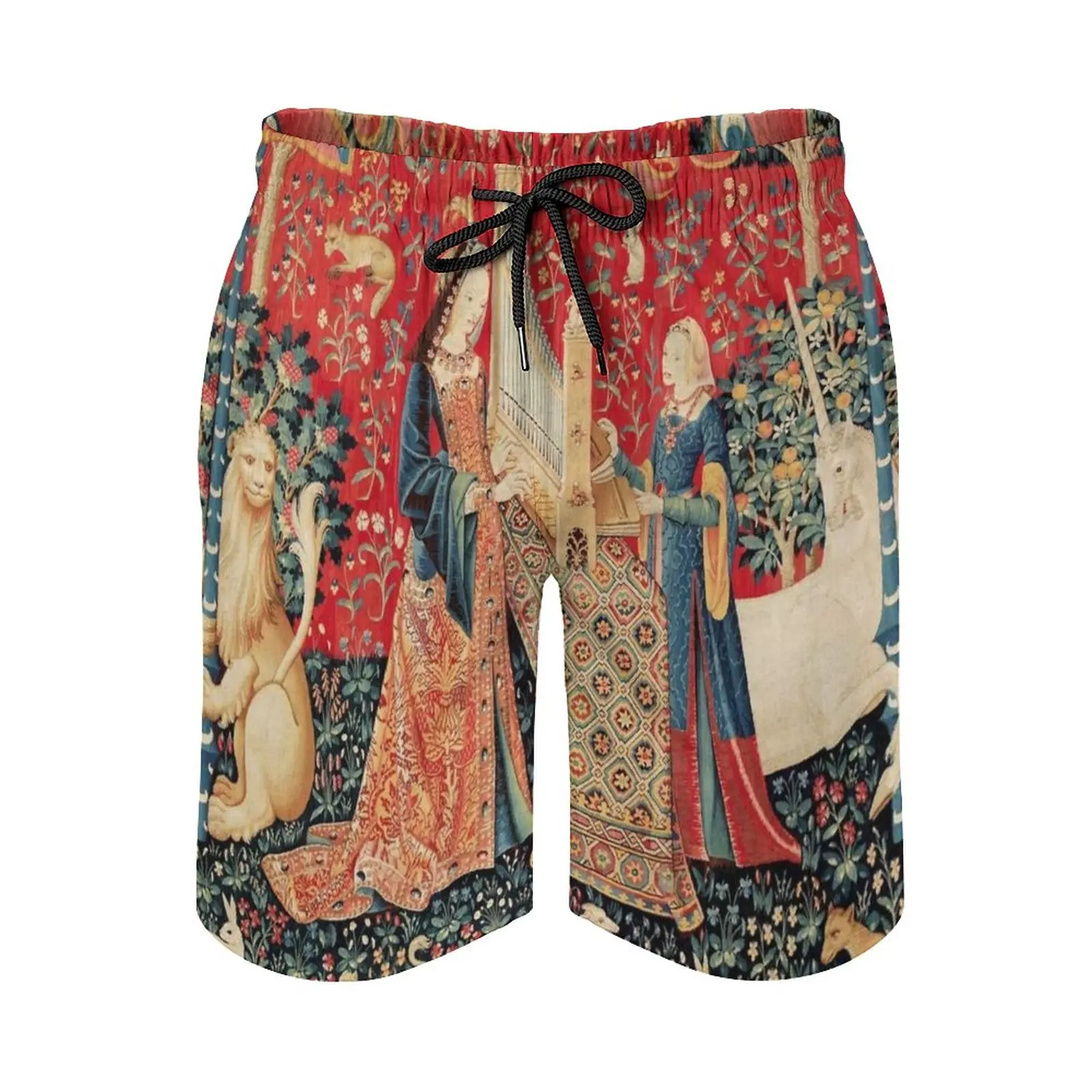 

Unicorn And Lady Playing Organ With Animals Hearing Surfing Beach Shorts Men's Boardshorts Patchwork Surf Swim Short Pants