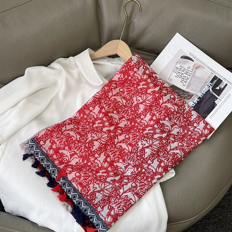 Новинка 2023 винтажный шарф с кисточками и цветочным узором шали мягкий длинный