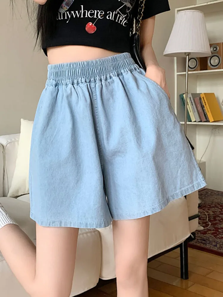 New Spring Summer Women Wide Leg Elastic Waist Blue Denim Shorts Streetwear Female Loose Straight Jeans Shorts Bottoms