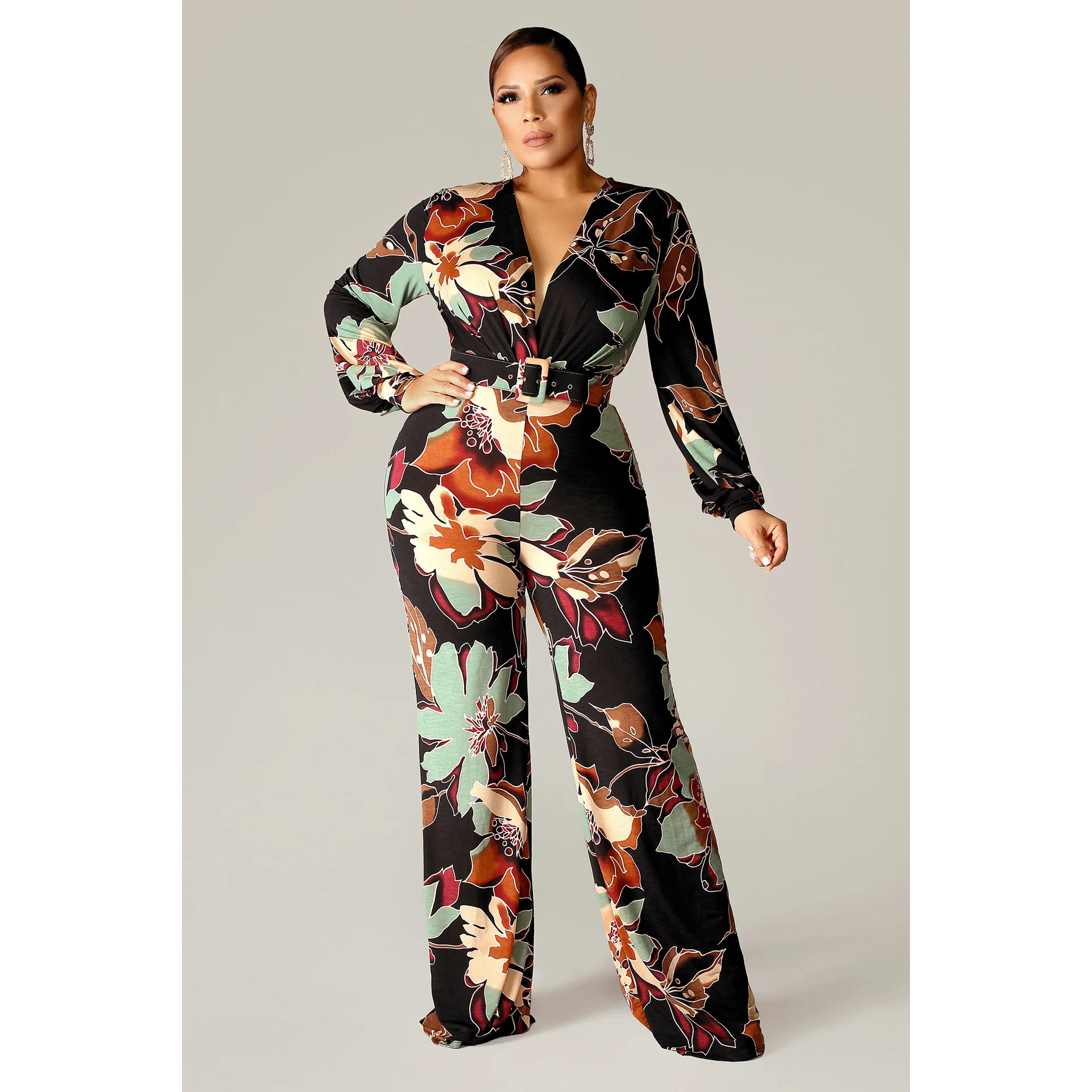 European and American spring and autumn printed jumpsuit fashion deep V -neck sexy high waist wide -leg jacket