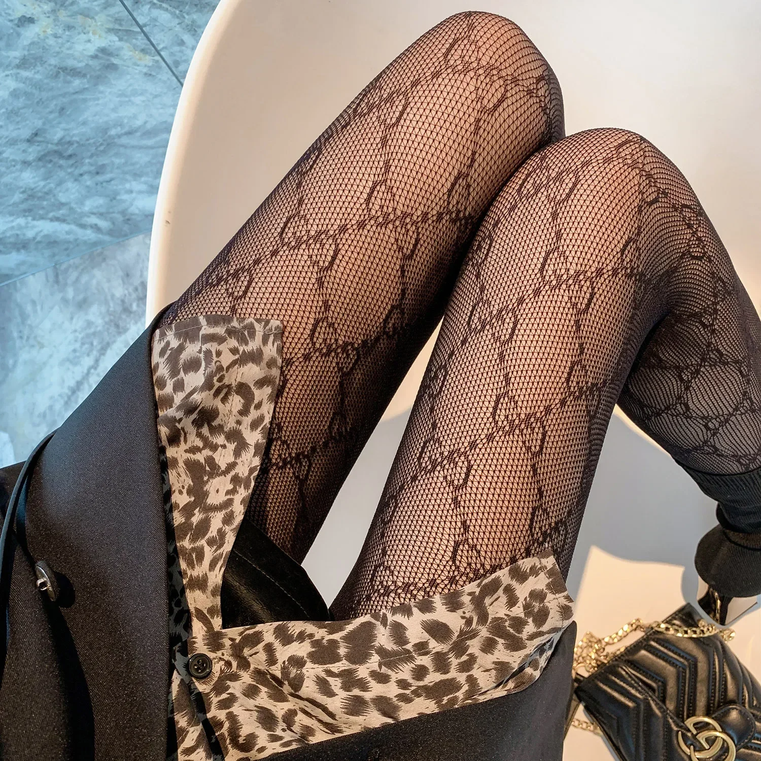 

Sexy Black Pantyhose Letter Bow Women's Large Temptation Hollow Perspective Fishnet Bottoming Socks Lolita Nylon Long Stockings