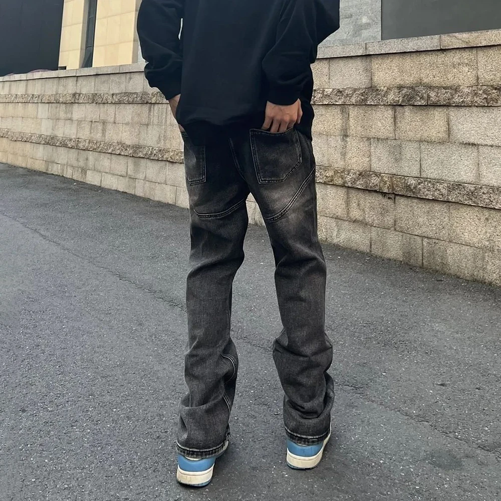 High Street Hip-Hop Embroidered Old Washed Jeans Men's New Fried Street Niche Design Straight Trousers Trendy Zipper Slit Pants