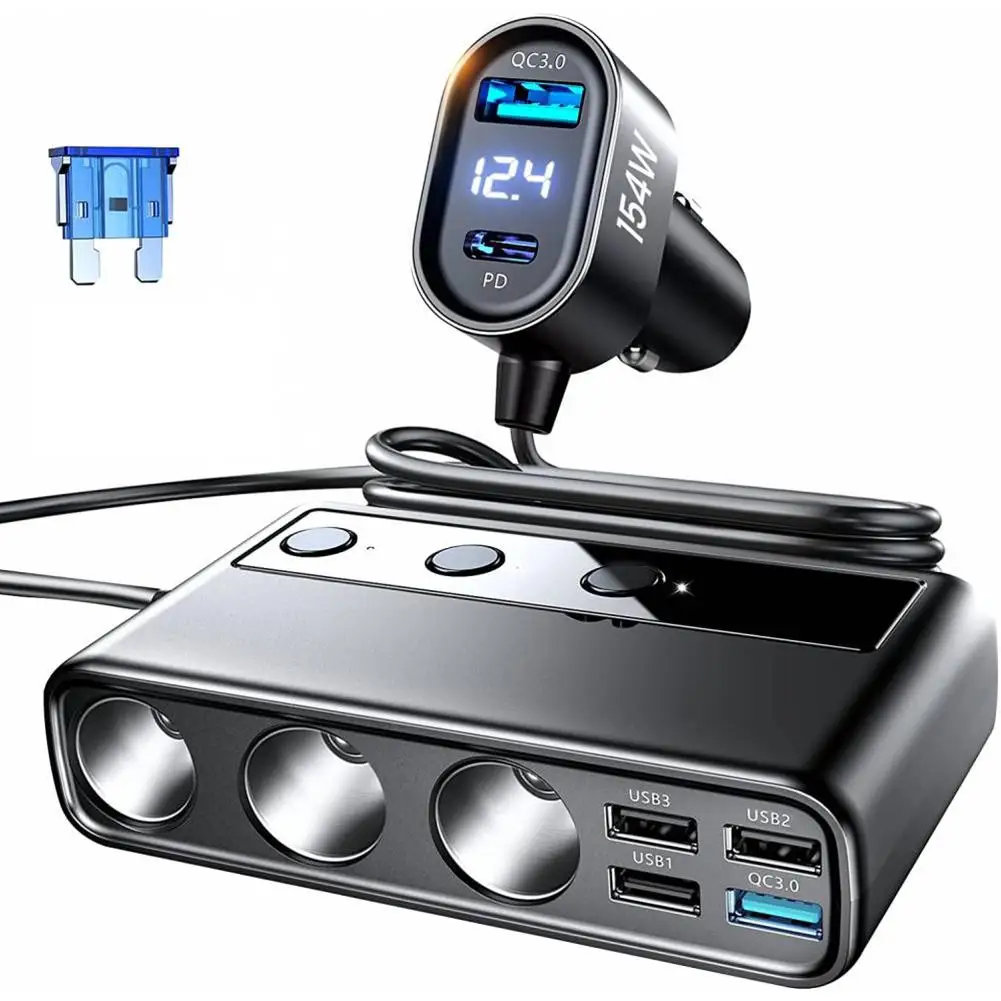 

Multi-port Car Cigarette Lighter Adapter 3 Sockets 6 Ports Mobile Phone Pd Qc Fast Charger With Led Voltage Display