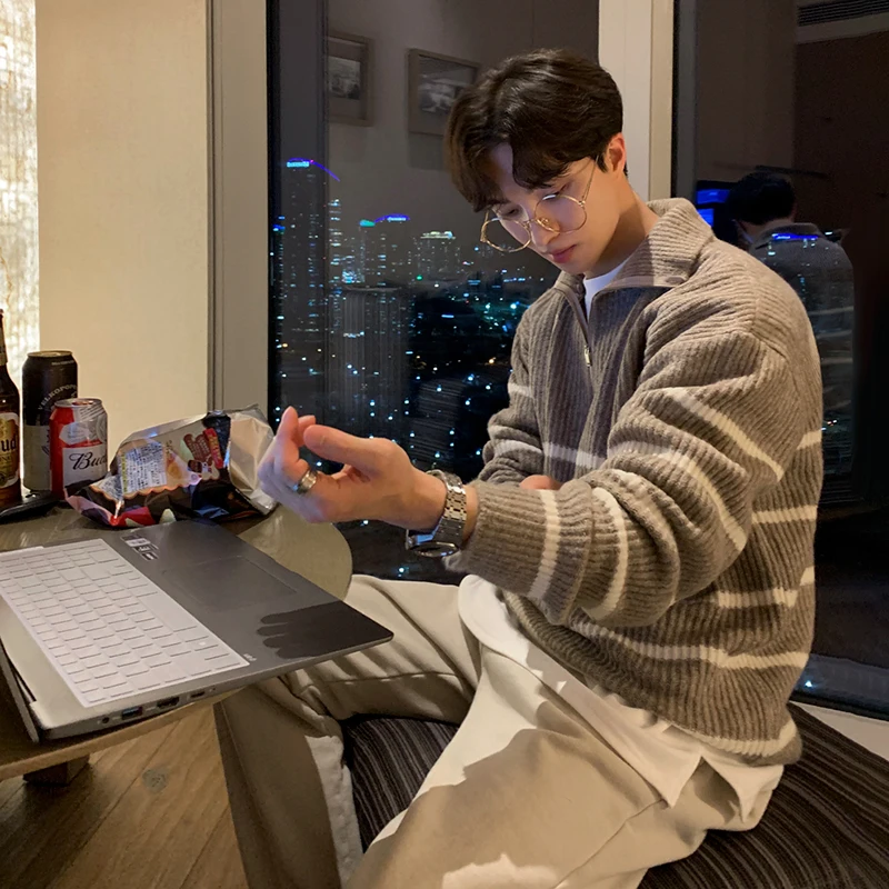 

Мужской шерстяной свитер в полоску, теплый вязаный пуловер цвета хаки/черный на молнии, зима 2022