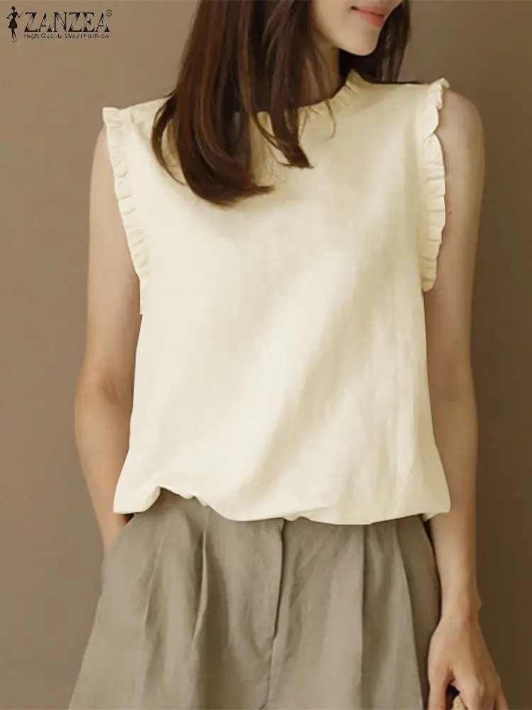 

ZANZEA Sexy Solid Color Tunics Sleeveless Ruffled Tank Tops 2023 Summer Women Sleeveless Blouse Elegant Casual Loose Party Shirt