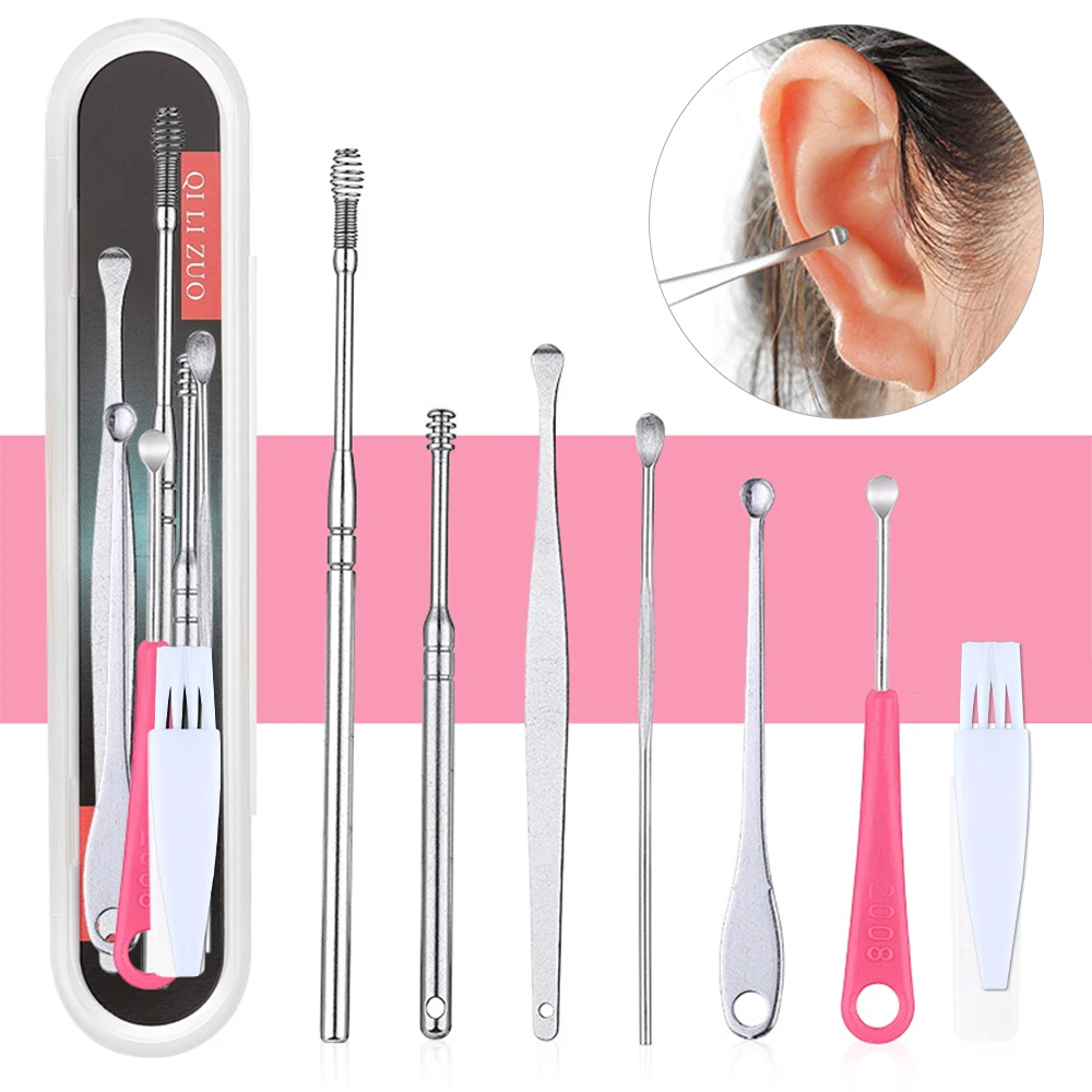 

7 Pcs/set Ear Wax Cleaner Removal Tool Screw Head Safety Ear Pick Stainless Steel Spiral Safe Convenient Ear Cleaning Spoon Kit