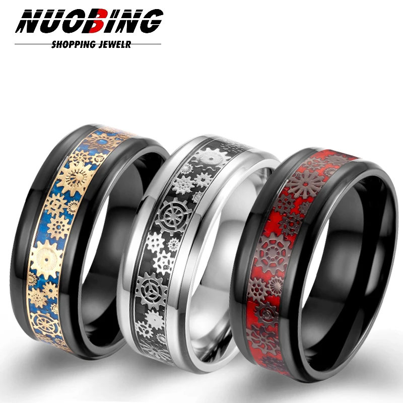 

8MM Punk Gothic Machine Gear Inset Red Carbon Braze Men's And Women's Wedding Ring Stainless Steel Jewelry Free Shipping
