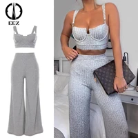 %e3%80%902 piece set%e3%80%91women ribbed knitted crop top camis high waist wide leg pants set sexy solid tracksuit coquette conjunto feminino