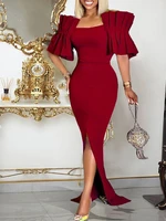 red sexy folds square collar bodycon mermaid dinner party womens summer long dress chic and elegant woman gowns