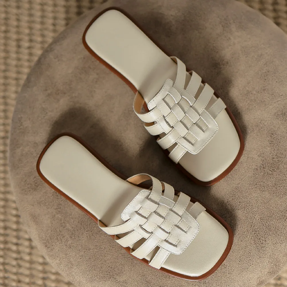 Women's genuine leather narrow band braided open toe slip-on flats summer out door slides soft comfortable sandals