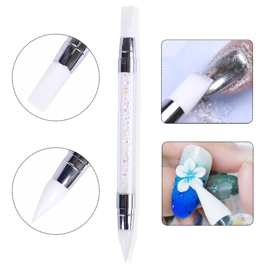 

1 шт. двухсторонняя ручка для резки ногтей силиконовая головка блестящая пудра Кисть для ногтей точечная скульптура ручка инструмент для ма...