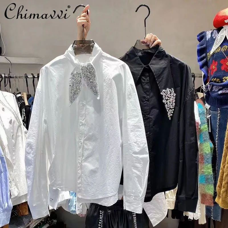 

Ladies New European Exquisite Rhinestone Shirt Women 2021 Fall Fashion Simple Ear-Free Collar Blusas Loose Elegant Solid Top