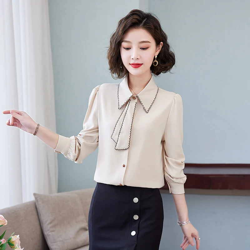 KRCVES Korean Lapel Ribbon Chiffon Shirt Women'S Long Sleeve 2023 New Spring Autumn Fashion Age Reducing Blouse Versatile Top