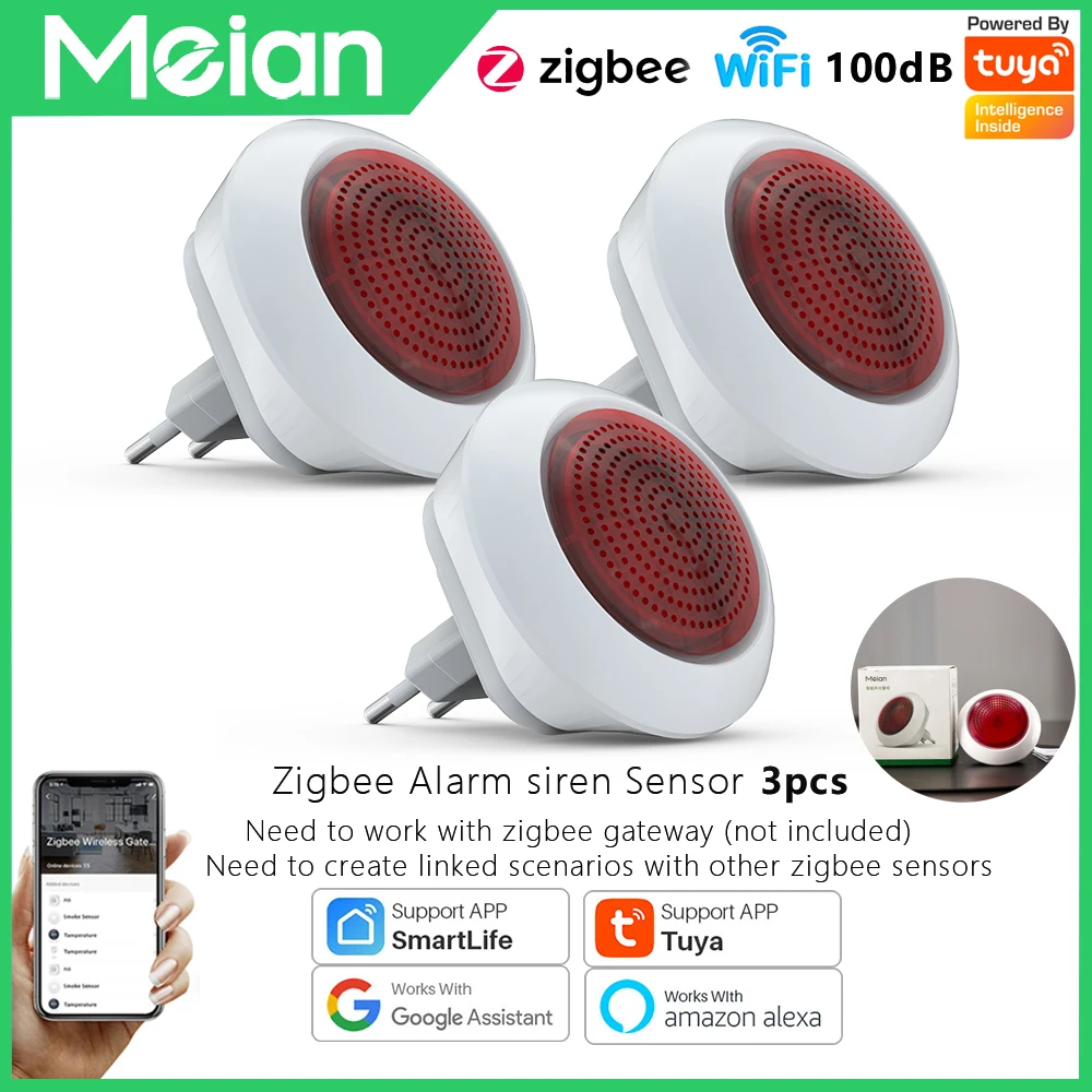 3PCS MEIAN Zigbee Police Flash Siren Home Theater Sound Alarme Linkage Security Alarm System Tuya SmartLife APP Gateway