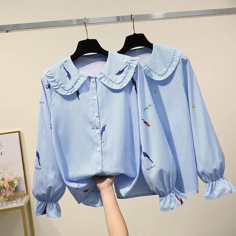 

Spring Stripe Shirts Women Printed Office Lady Basic Blue Blouse Long-sleeve Loose Thin Doll Collar Y2K Harajuku Simple Tops