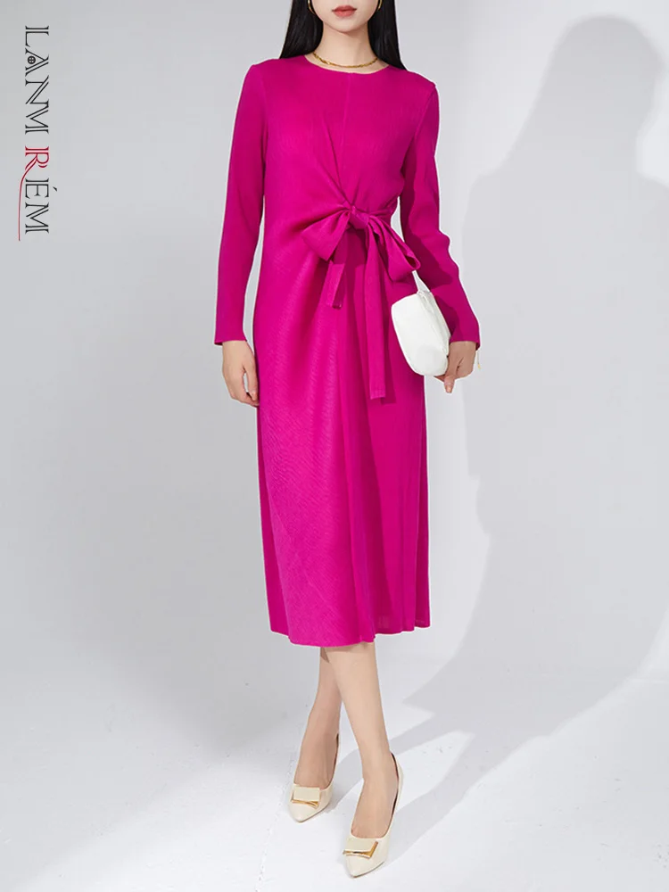 

LANMREM/однотонное элегантное плиссированное платье с круглым вырезом и шнуровкой на талии, модные вечерние, новинка 2023, одежда 2AA1878