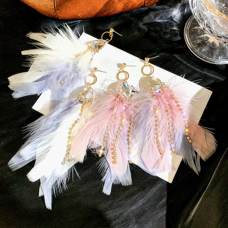 

Elegant Crystal Feather Earrings Natural Long Tassel Turkey Feather Earrings For Women Jewelry Accessories fashion Drop Earrings